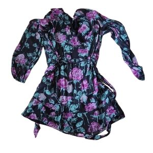 Paige NWOT size S mini dress long sleeves fully lined dark floral, tie waist